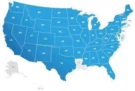 Map of the United States with each state labeled and shaded in blue, including Alaska and Hawaii.