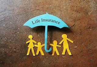 Paper cutouts of a family under a blue umbrella labeled 'Life Insurance' symbolizing protection.