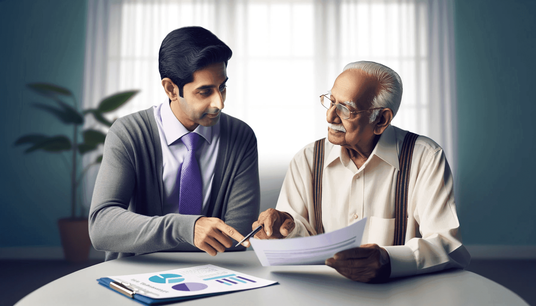 Two people sitting at a table discussing documents, with charts and graphs on a clipboard.